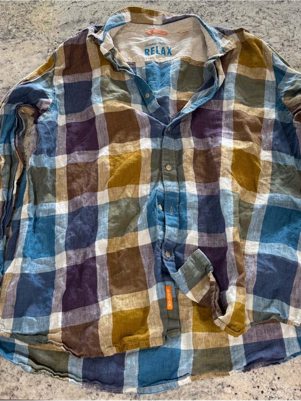 Tommy Bahama Blue, Brown & Mustard Plaid Linen Button-Down Shirt
